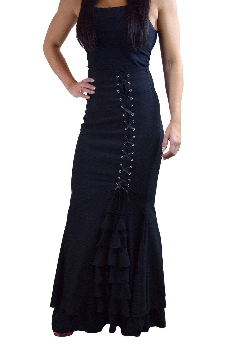 Bottoms Gothic Victorian Steampunk Mermaid Fishtail Black Ruffle Asymmetrical Skirt
