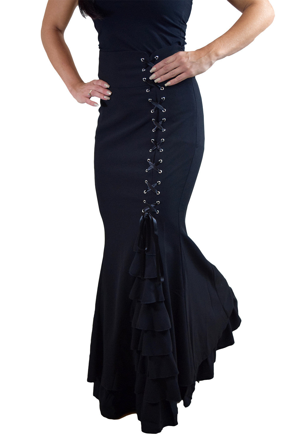 Bottoms Gothic Victorian Steampunk Mermaid Fishtail Black Ruffle Asymmetrical Skirt