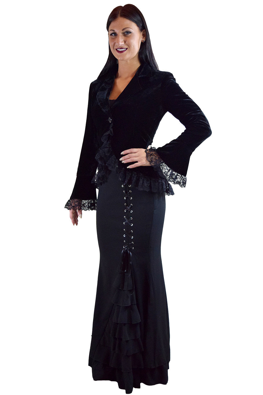 Bottoms Gothic Victorian Steampunk Mermaid Fishtail Black Ruffle Asymmetrical Skirt