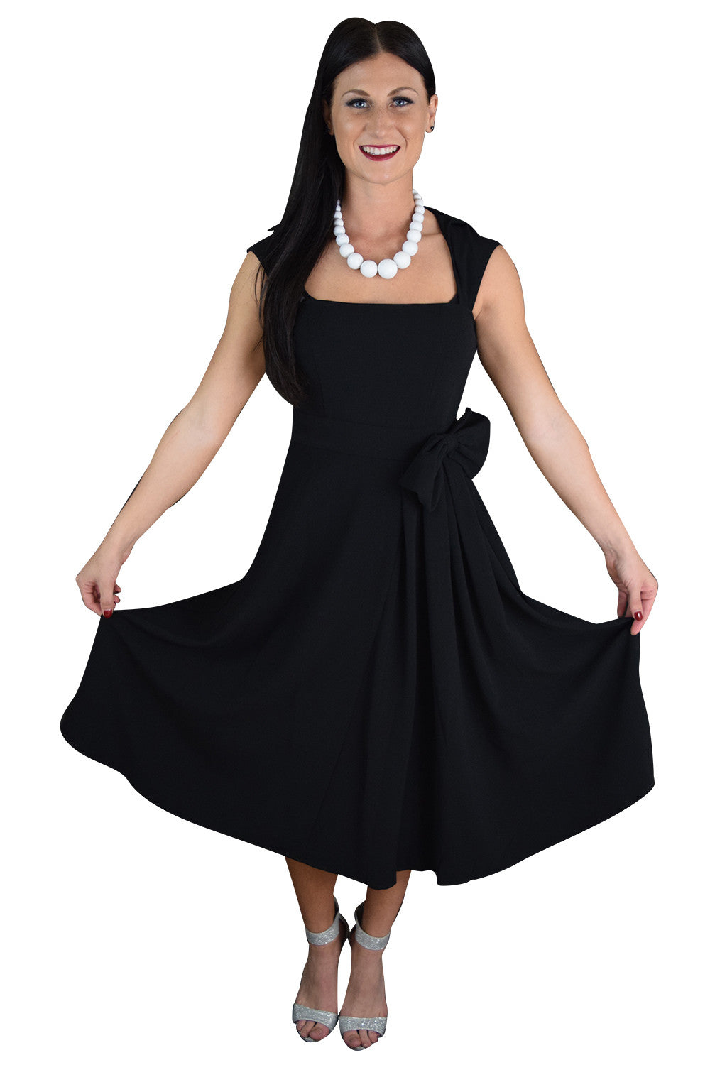 Vintage Design Rockabilly Black Belted Party Dress with Bow Accent US4 (EU36) / Black