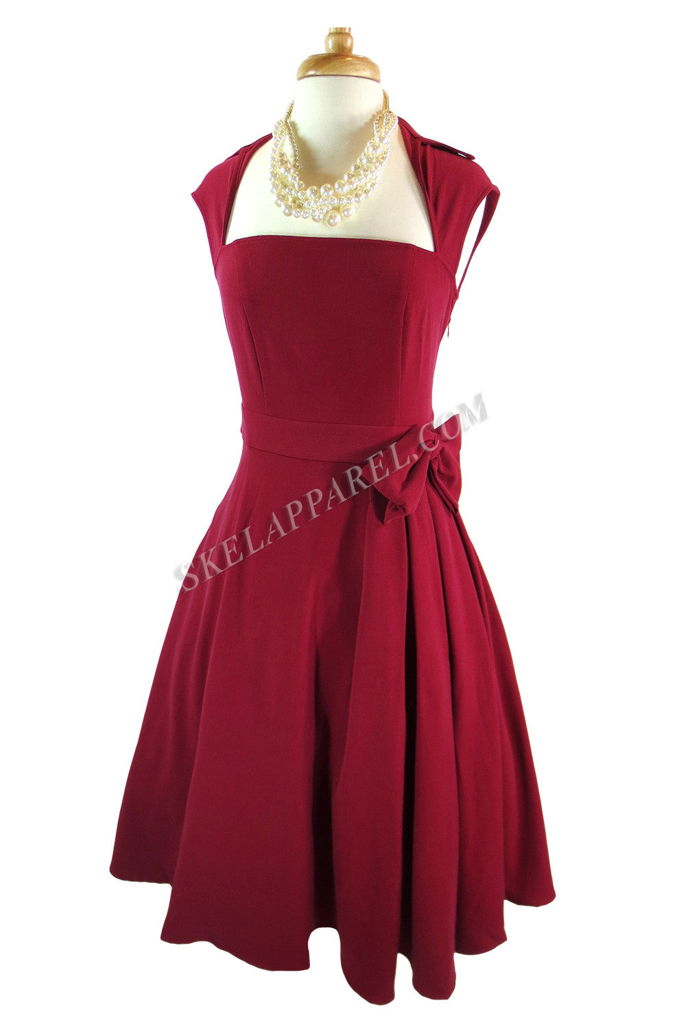 Dresses 50's Vintage Design Rockabilly Vamp Red Belted Party Dress with Bow Accent