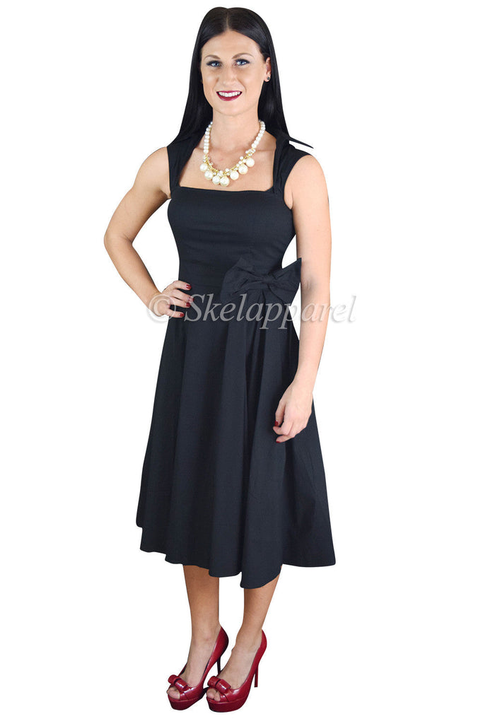 Dresses 50's Vintage Style Black Bow Belted Swing Skirt Party Dress