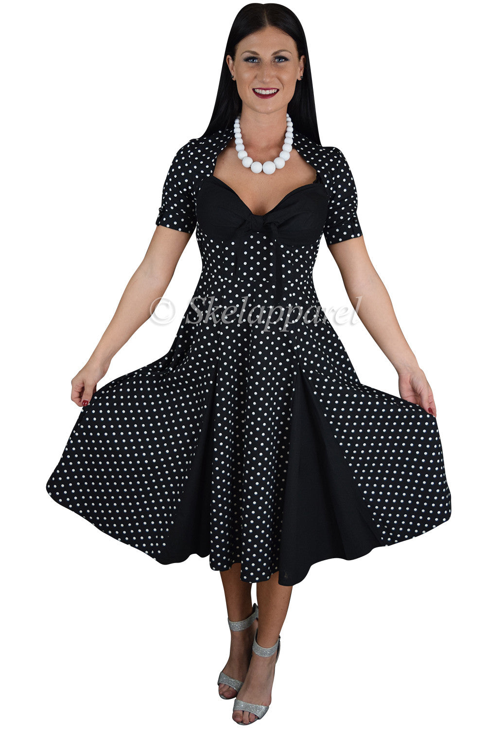 Retro Vintage Inspired Polka Dot Black Party Swing Dress - Black, US12 (EU44) / Black Retro Vintage Inspired Polka Dot Black Party Swing Dress - Black, US12 (EU44) / Black