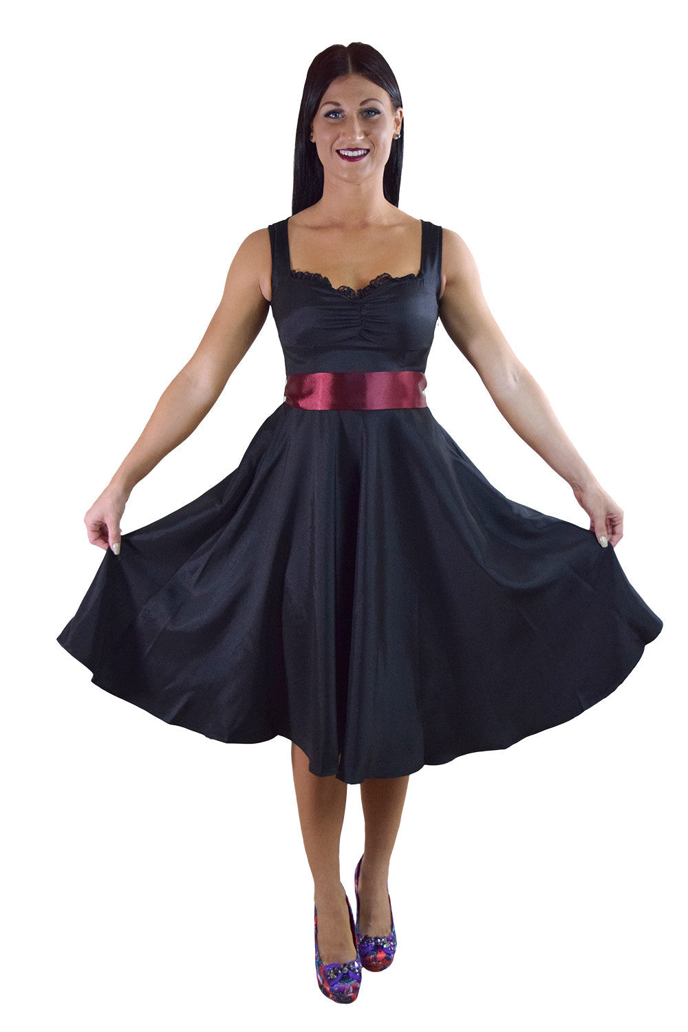 Dresses 60's Vinatge Retro Design Little Black Satin Dress with Burgundy Sash Ribbon Belt