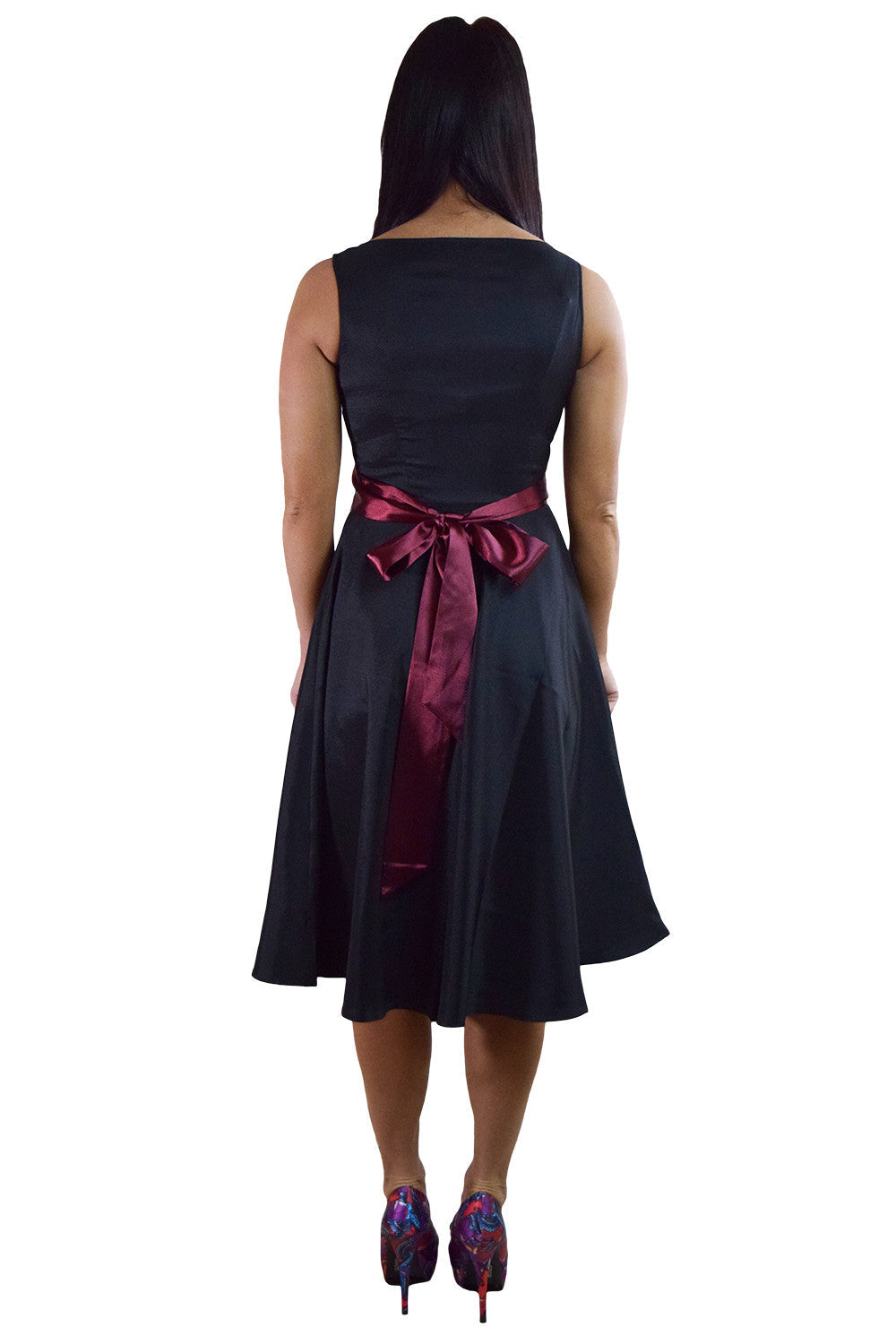 Dresses 60's Vinatge Retro Design Little Black Satin Dress with Burgundy Sash Ribbon Belt
