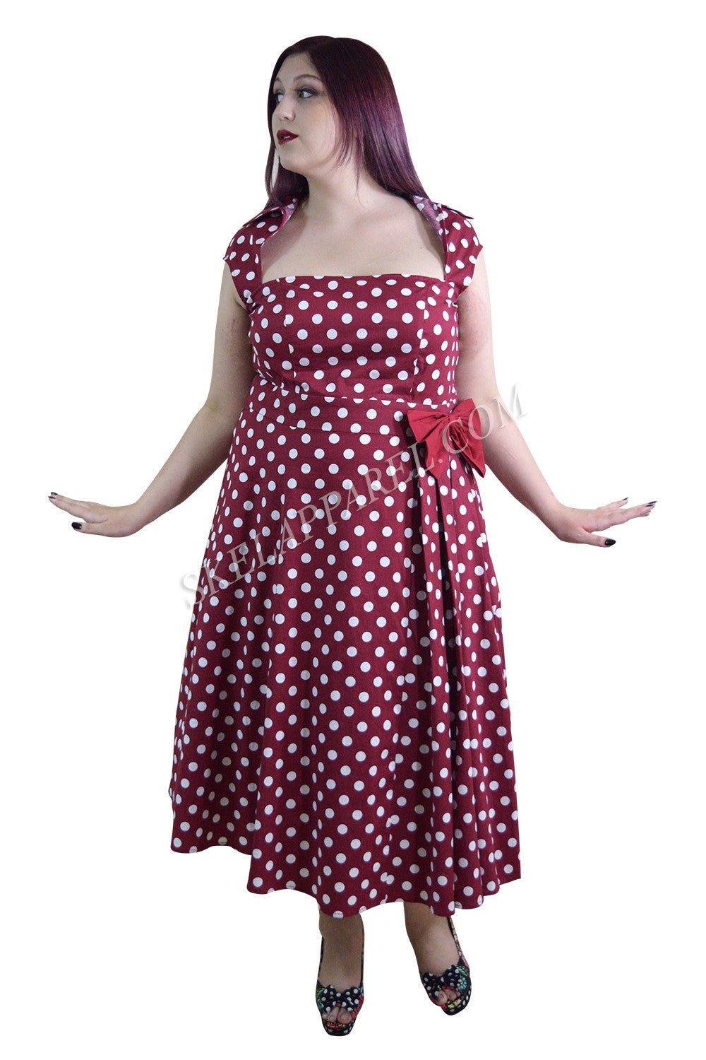 Women's Retro Style Pin-up Red and White Polka Dot Belted bow Party Dress plus size US16 / Red Women's Retro Style Pin-up Red and White Polka Dot Belted bow Party Dress plus size US16 / Red