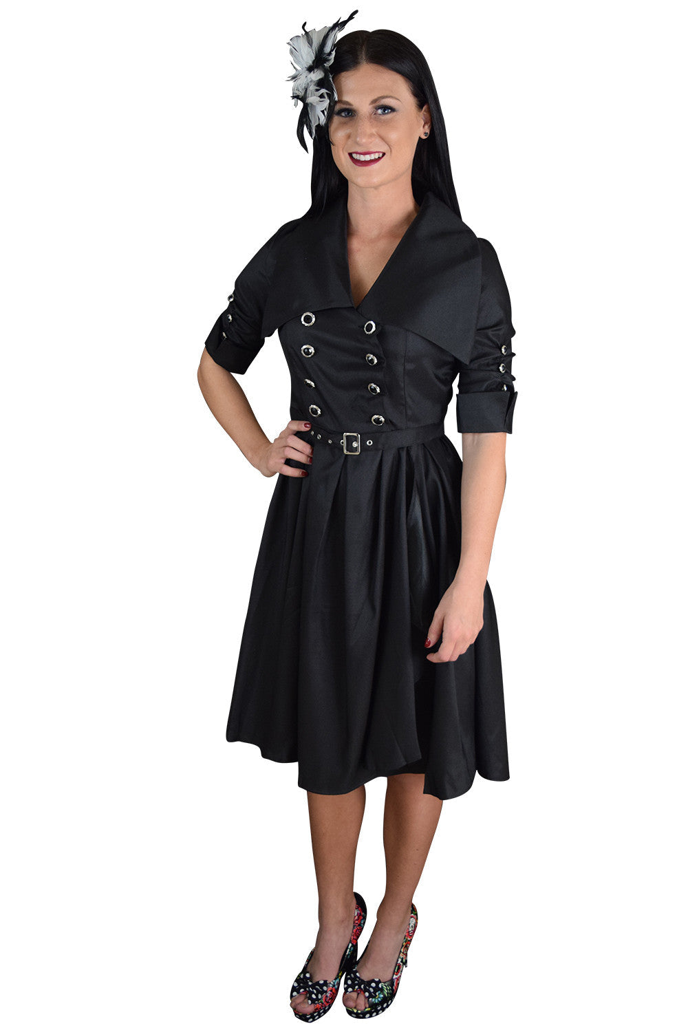 Dresses Gothic Steampunk Black Belted Military Style Swing Dress