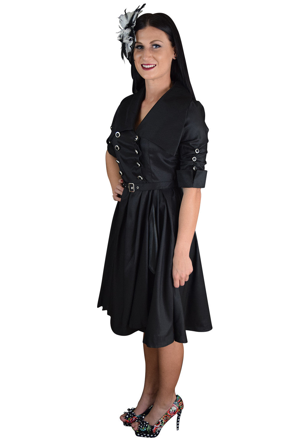 Dresses Gothic Steampunk Black Belted Military Style Swing Dress