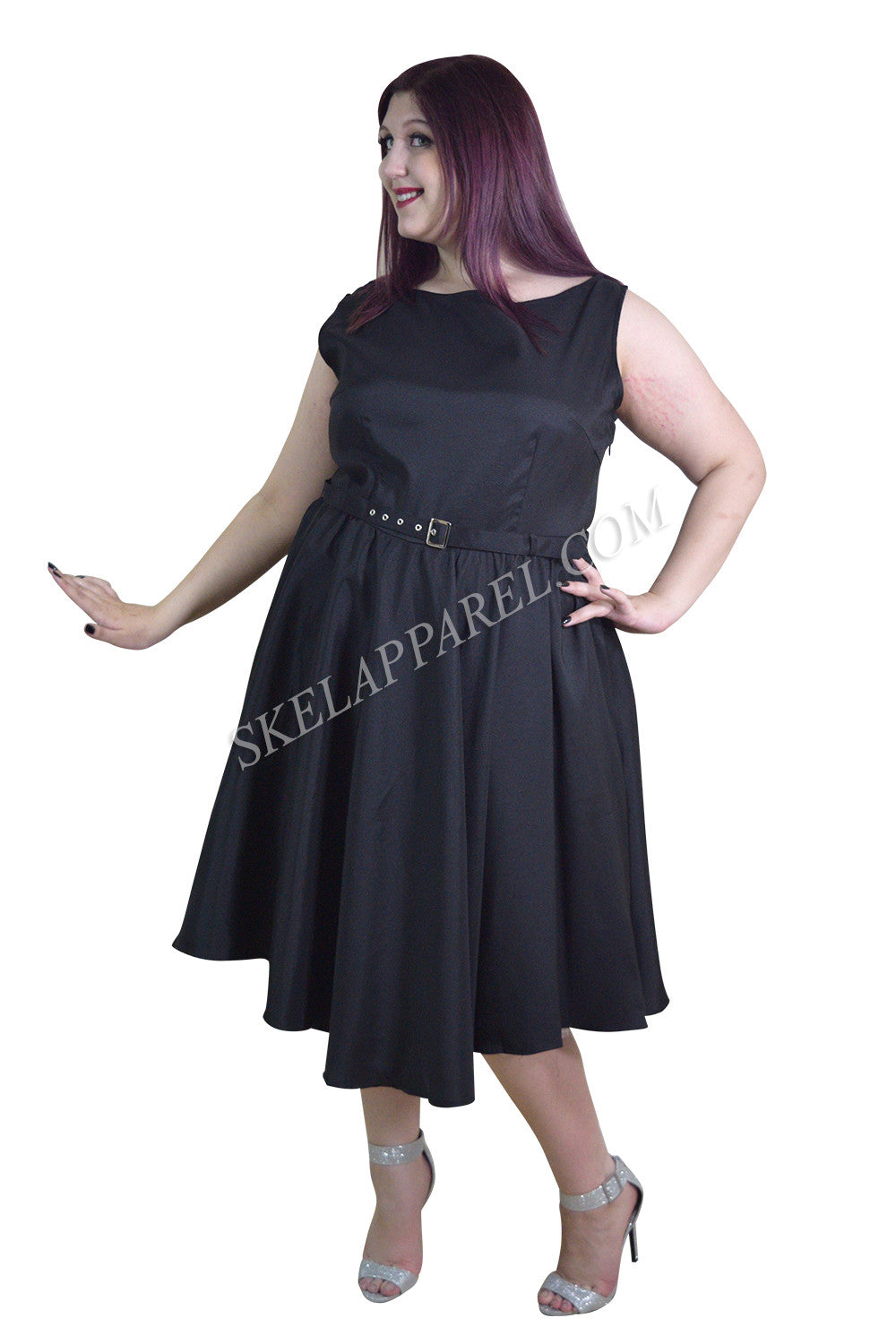 Plus Audrey Hepburn Style 60's Vintage Design Black Satin Flare Swing Skelapparel Plus Audrey Hepburn Style 60's Vintage Design Black Satin Flare Swing Skelapparel