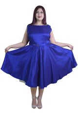 Dresses Plus Rockabilly Pinup Deep Blue Satin Cocktail Flare Party Swing Dress