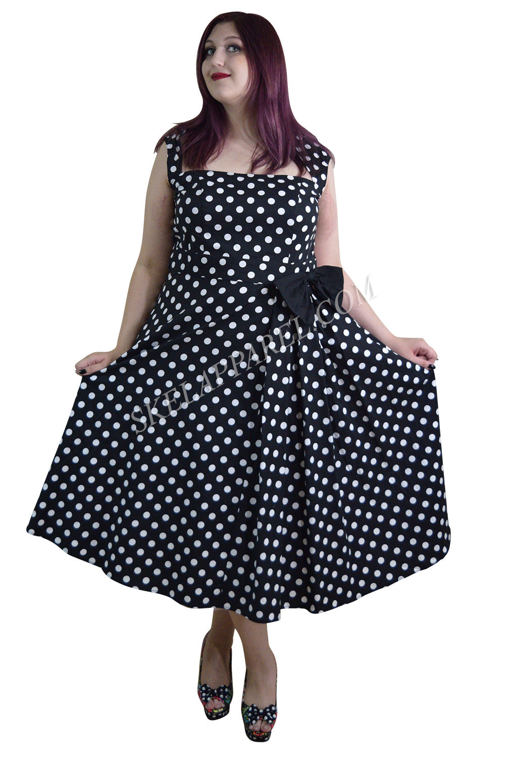 Plus Size 60's Vintage Black and White polka Dot Belted Bow Swing Party Dress US26 (EU28) / Black Plus Size 60's Vintage Black and White polka Dot Belted Bow Swing Party Dress US26 (EU28) / Black