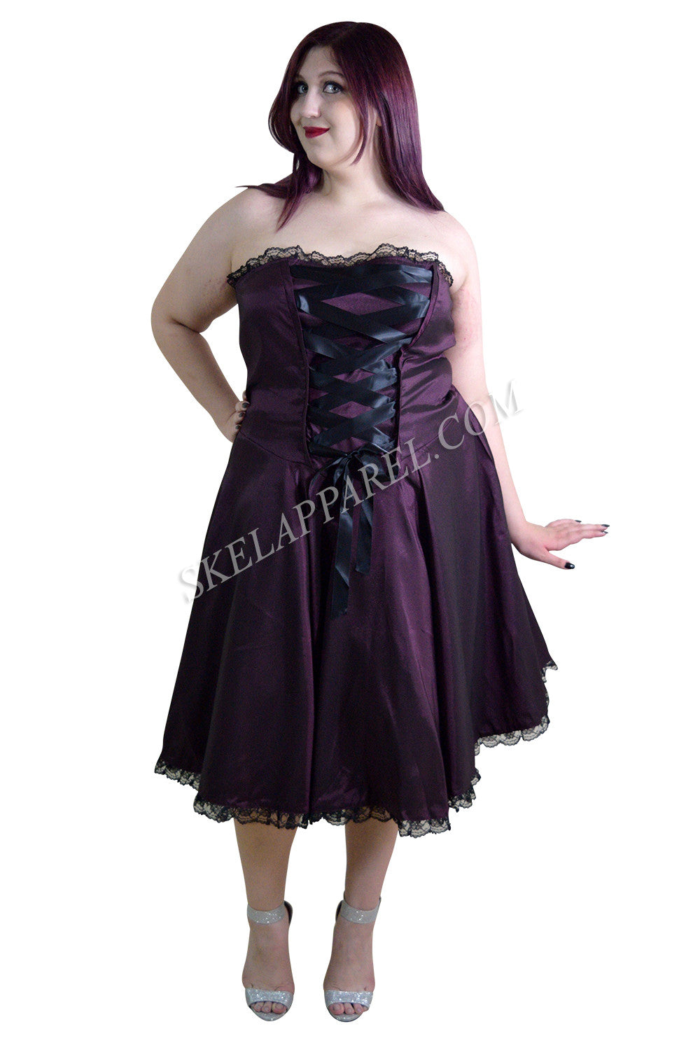 Plus Women Victorian Style Satin Ribbon Strapless Purple Satin Corset Lace-Up Dress 22 (EU24) / Purple Plus Women Victorian Style Satin Ribbon Strapless Purple Satin Corset Lace-Up Dress 22 (EU24) / Purple