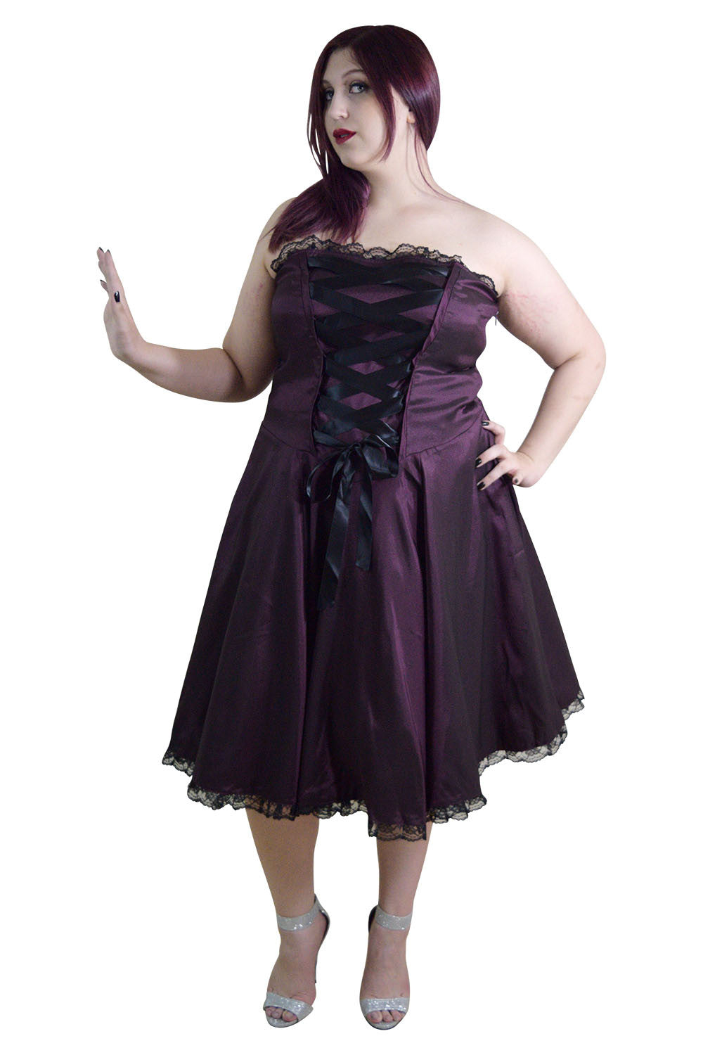 Dresses Plus Size Gothic Rockabilly Purple Satin Corset Lace-up Dress