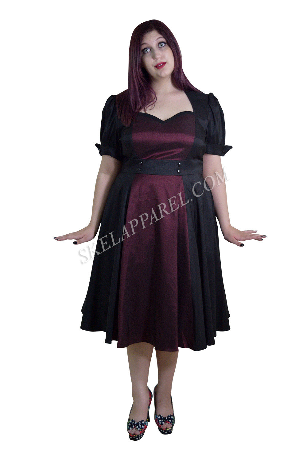 Plus Size Vintage 60's Queen of Hearts Two Tone Black and Burgundy Sat Skelapparel Plus Size Vintage 60's Queen of Hearts Two Tone Black and Burgundy Sat Skelapparel