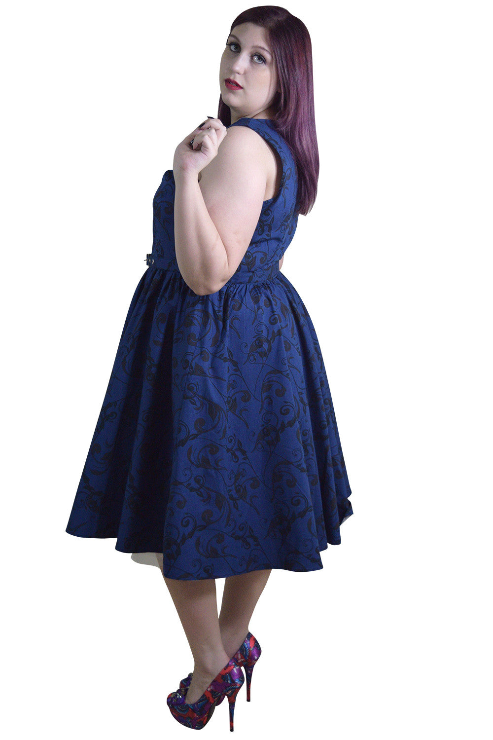Dresses Plus Vinatge Victorian Swirl Dark Blue Boat Neck Flare Party Dress
