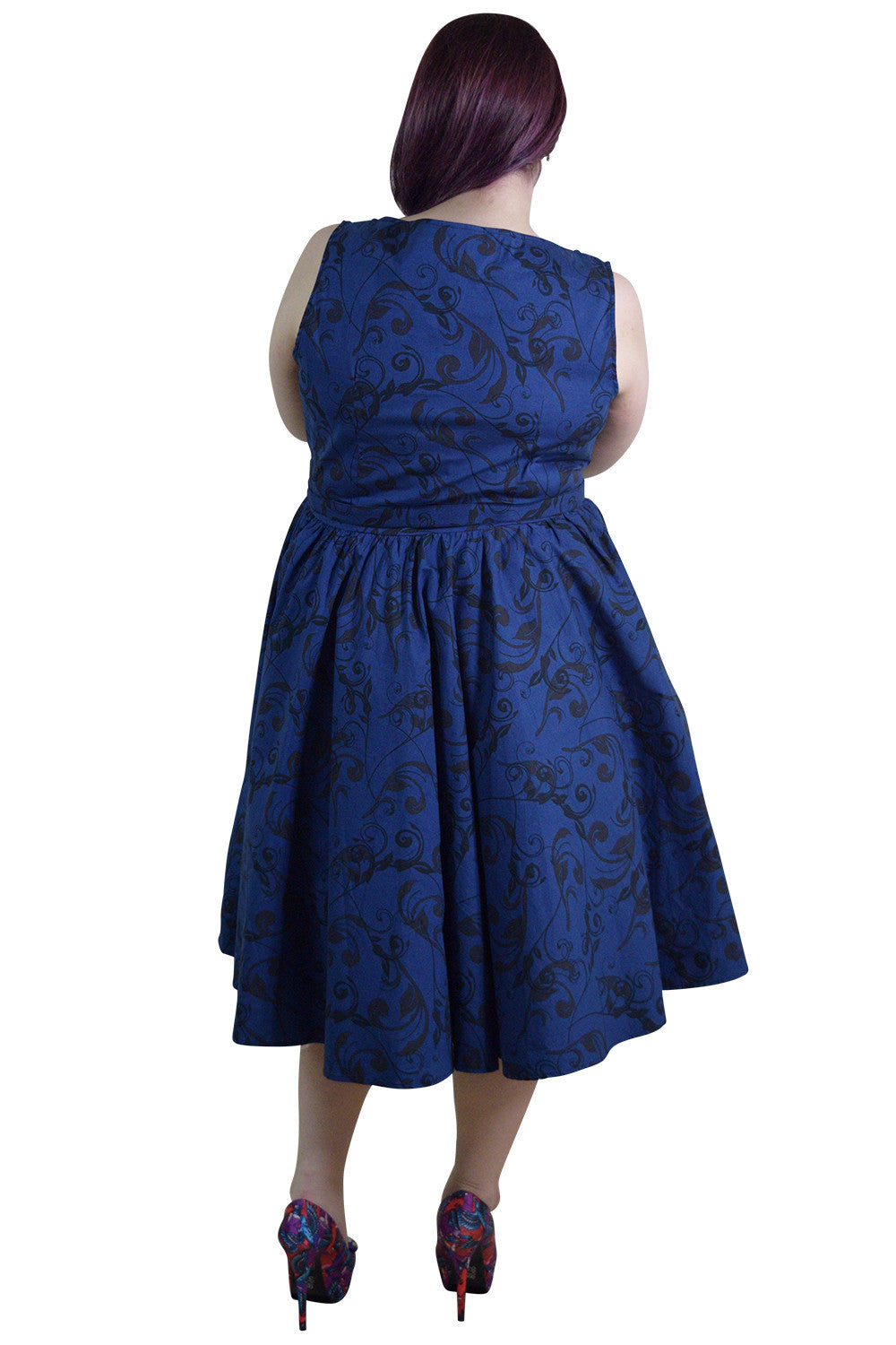 Dresses Plus Vinatge Victorian Swirl Dark Blue Boat Neck Flare Party Dress