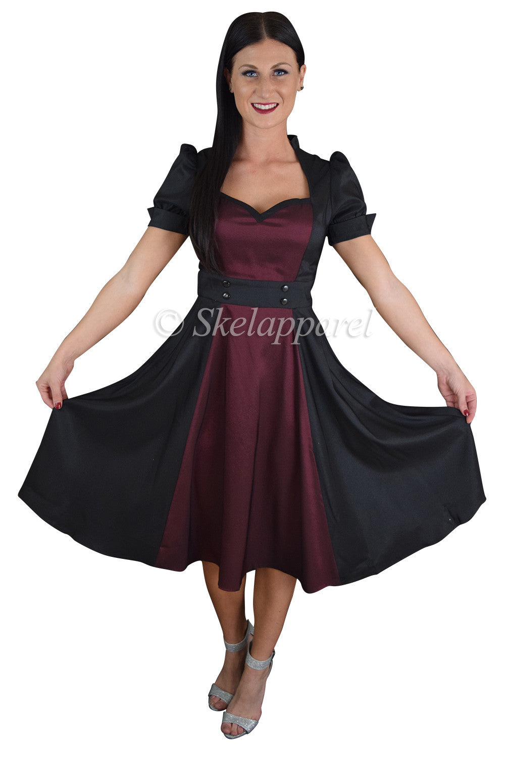 Retro Vintage 60's Queen of Hearts Black & Burgundy Two Tone Satin Dress US4 (EU36) / Black Retro Vintage 60's Queen of Hearts Black & Burgundy Two Tone Satin Dress US4 (EU36) / Black