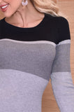 Dresses S/M/L Ribbed Color block Striped Long Sleeve Slim Fit Gray Black Bodycon Sweater Dress