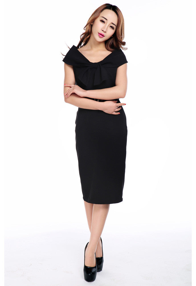 Vintage 60's Audrey Hepburn Inspired Wide Shoulder Black Pencil Dress, EU18 (US16) / Black Vintage 60's Audrey Hepburn Inspired Wide Shoulder Black Pencil Dress, EU18 (US16) / Black