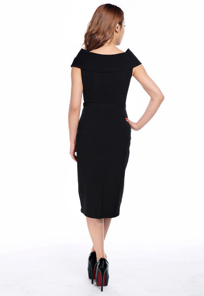 Vintage 60 s Audrey Hepburn Inspired Wide Shoulder Black Pencil Dress