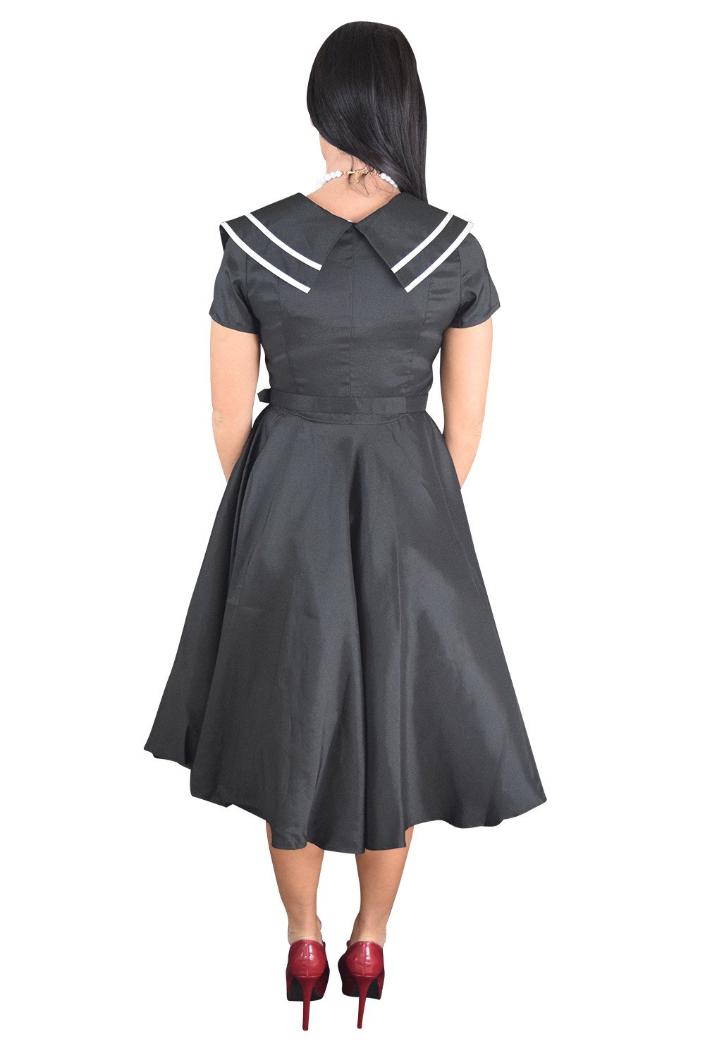 Dresses Vintage Design 60's Sailor Black Satin Flare Swing Dress