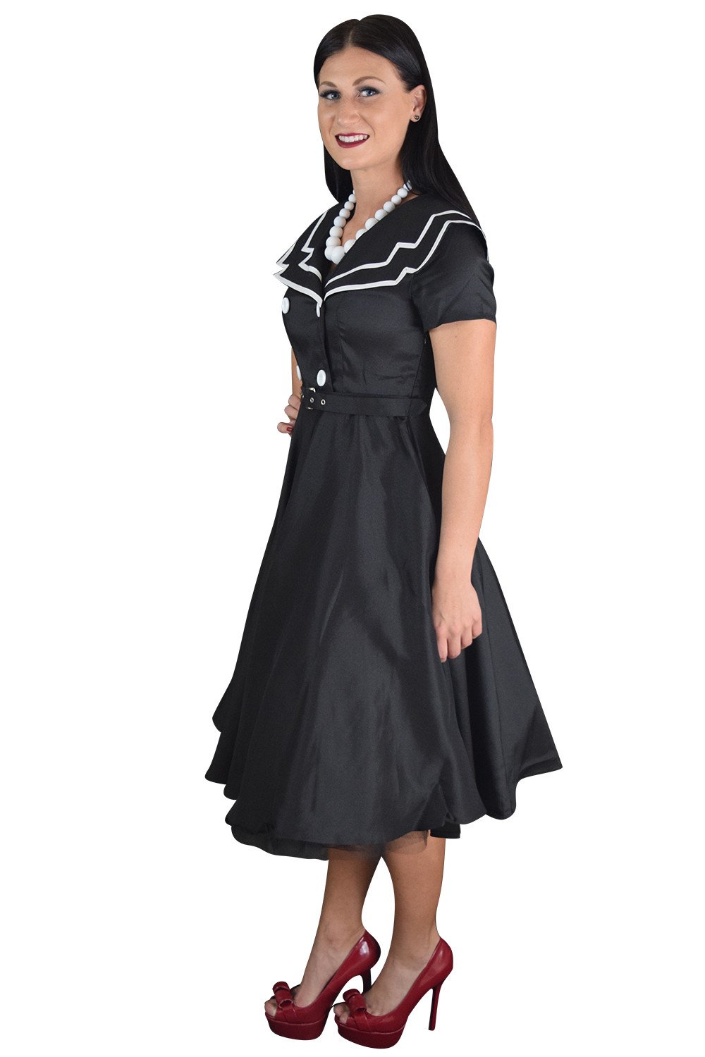 Dresses Vintage Design 60's Sailor Black Satin Flare Swing Dress