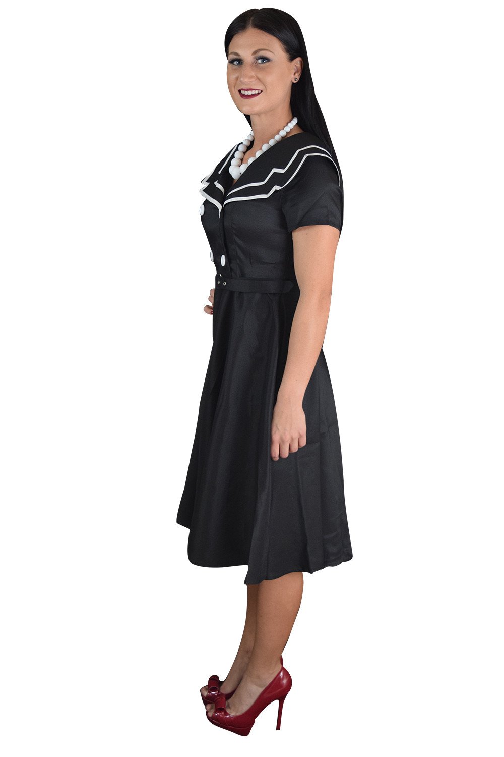Dresses Vintage Design 60's Sailor Black Satin Flare Swing Dress
