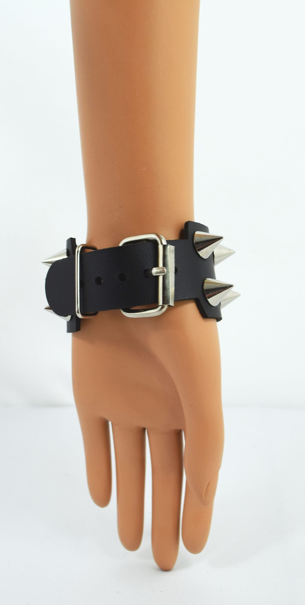 Jewellery Gothic Emo Grunge Punk Rock Wide Leather Spiked Bracelet - Silver Spikes
