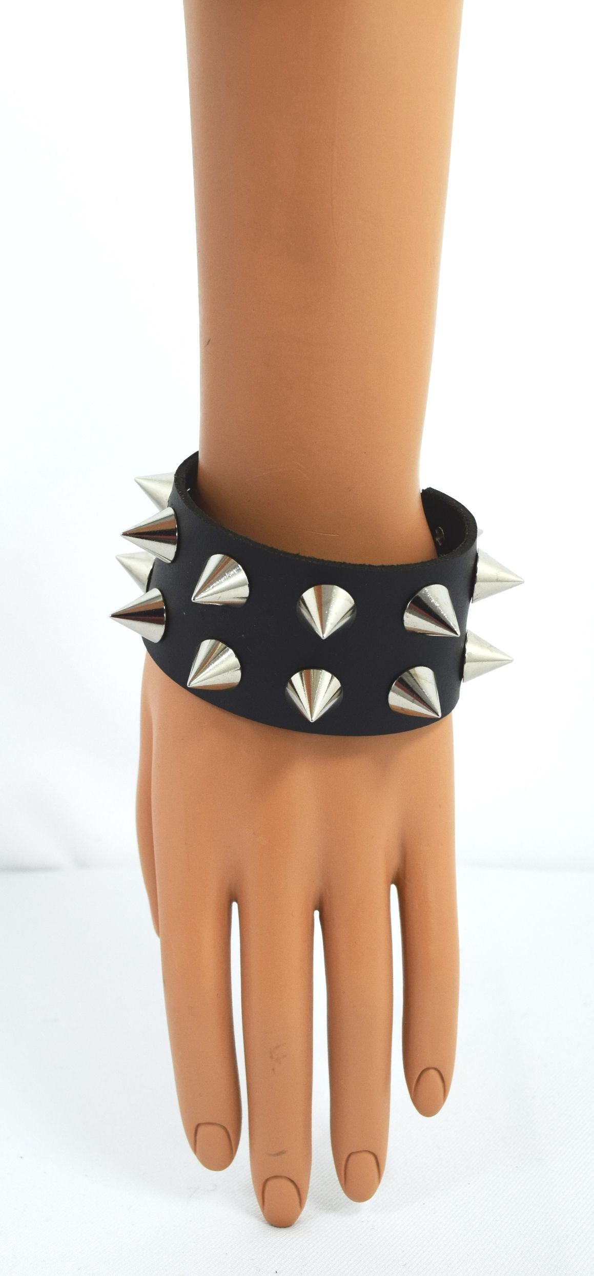 Jewellery Gothic Emo Grunge Punk Rock Wide Leather Spiked Bracelet - Silver Spikes
