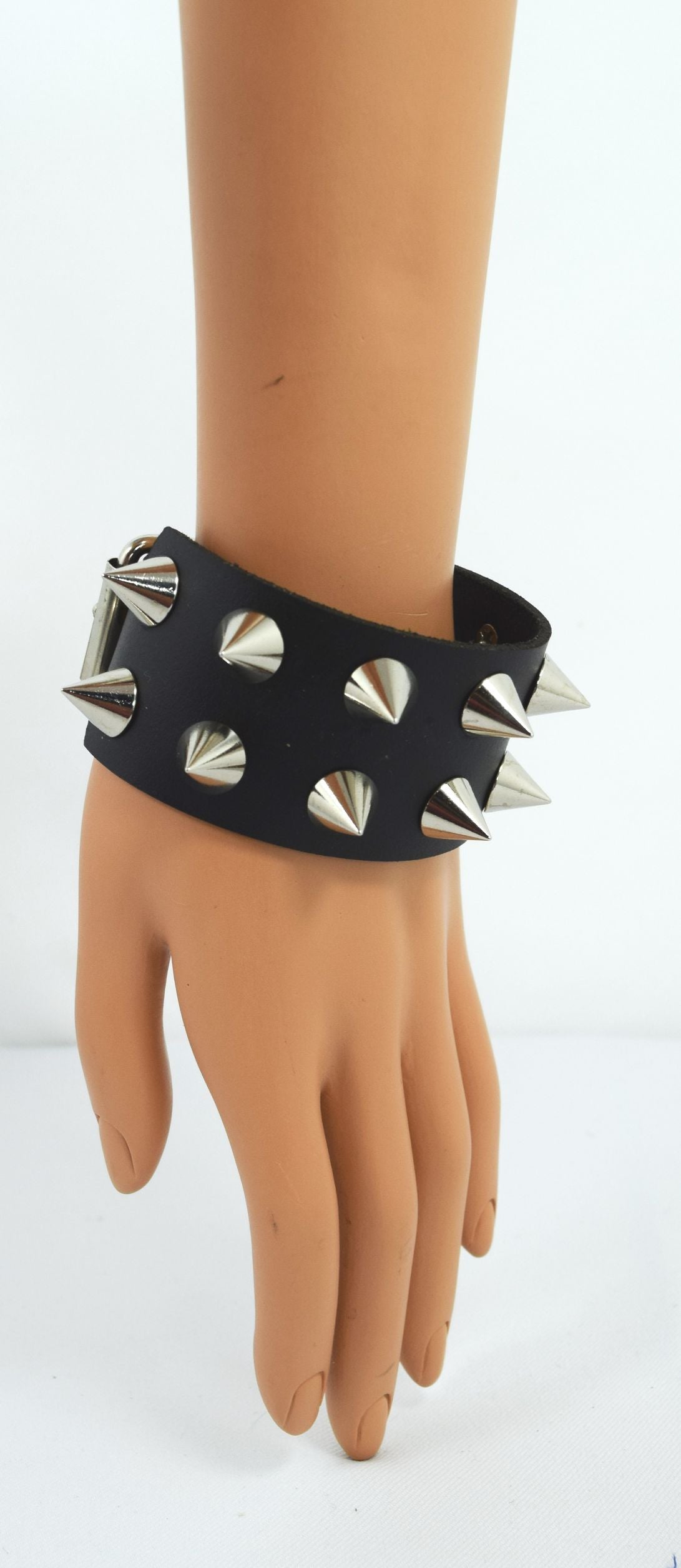 Jewellery Gothic Emo Grunge Punk Rock Wide Leather Spiked Bracelet - Silver Spikes
