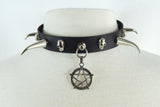 Jewellery Gothic Punk Rock Emo pentagram Charm Skull Stud and Horn Spike Leather Choker Collar Necklace