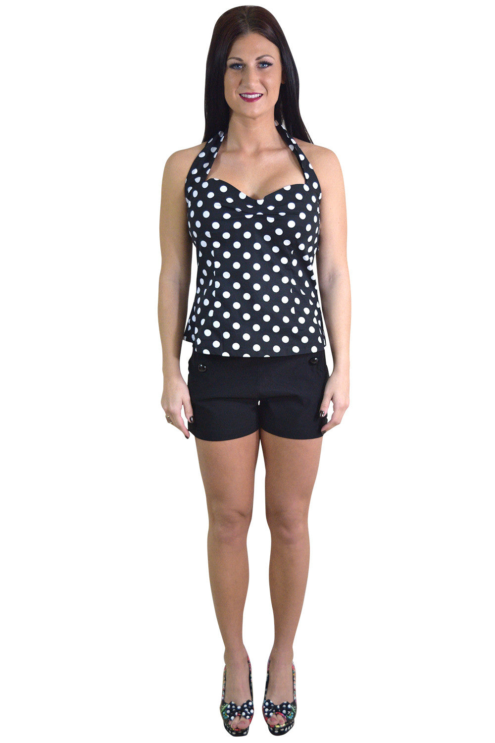 Tops Pinup 50's Style Black and White Polka Dot Halter Top