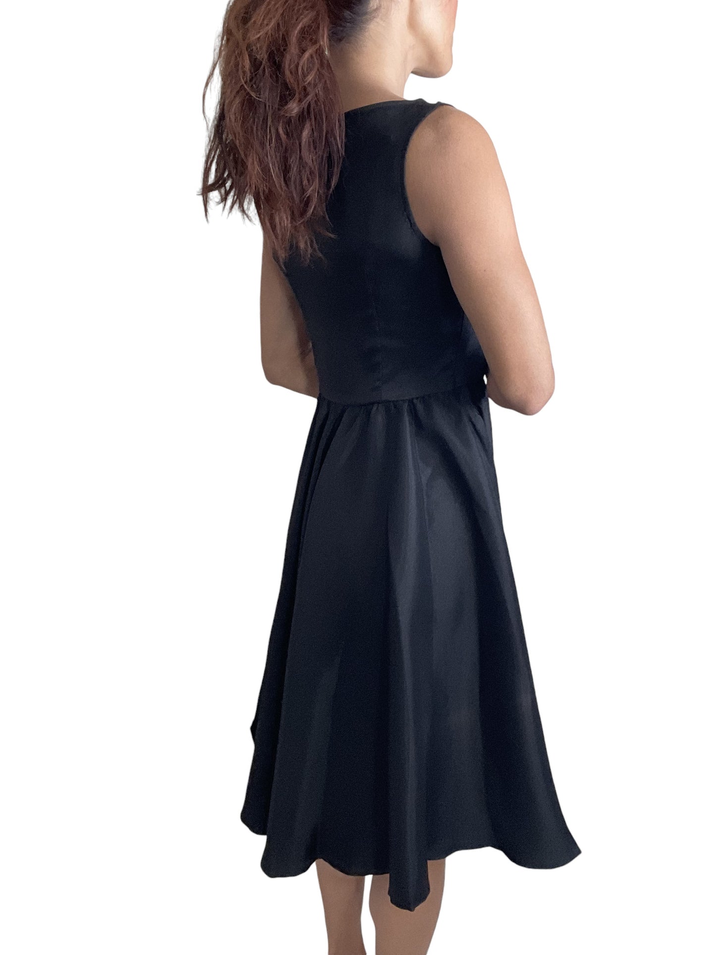Retro Vintage Inspired Audrey Hepburn Style Black Satin Flare Swing Party Dress - Skelapparel
