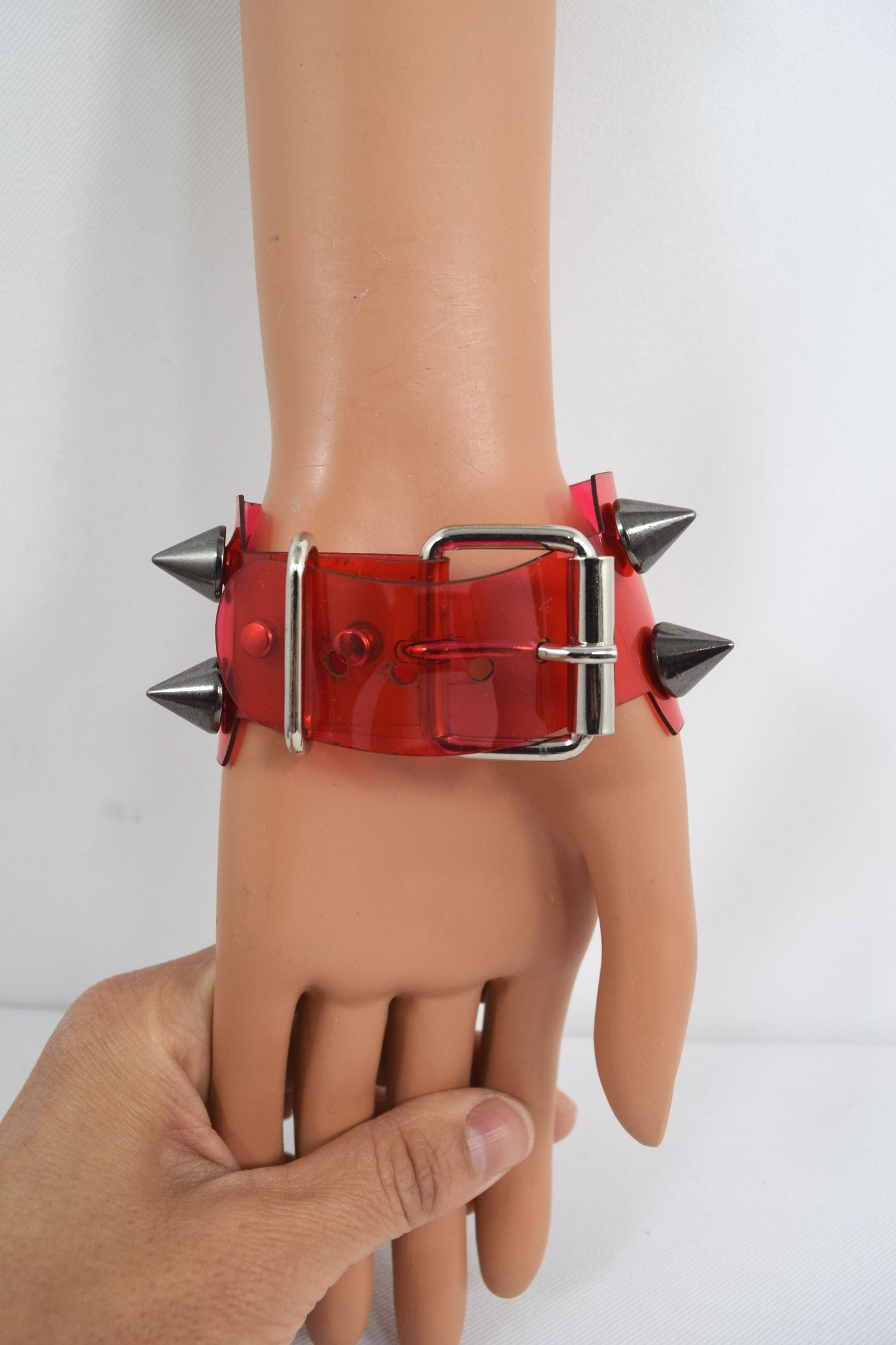 Jewellery Gothic Grunge Punk Rock vinyl Red clear Wide Leather Spiked Bracelet