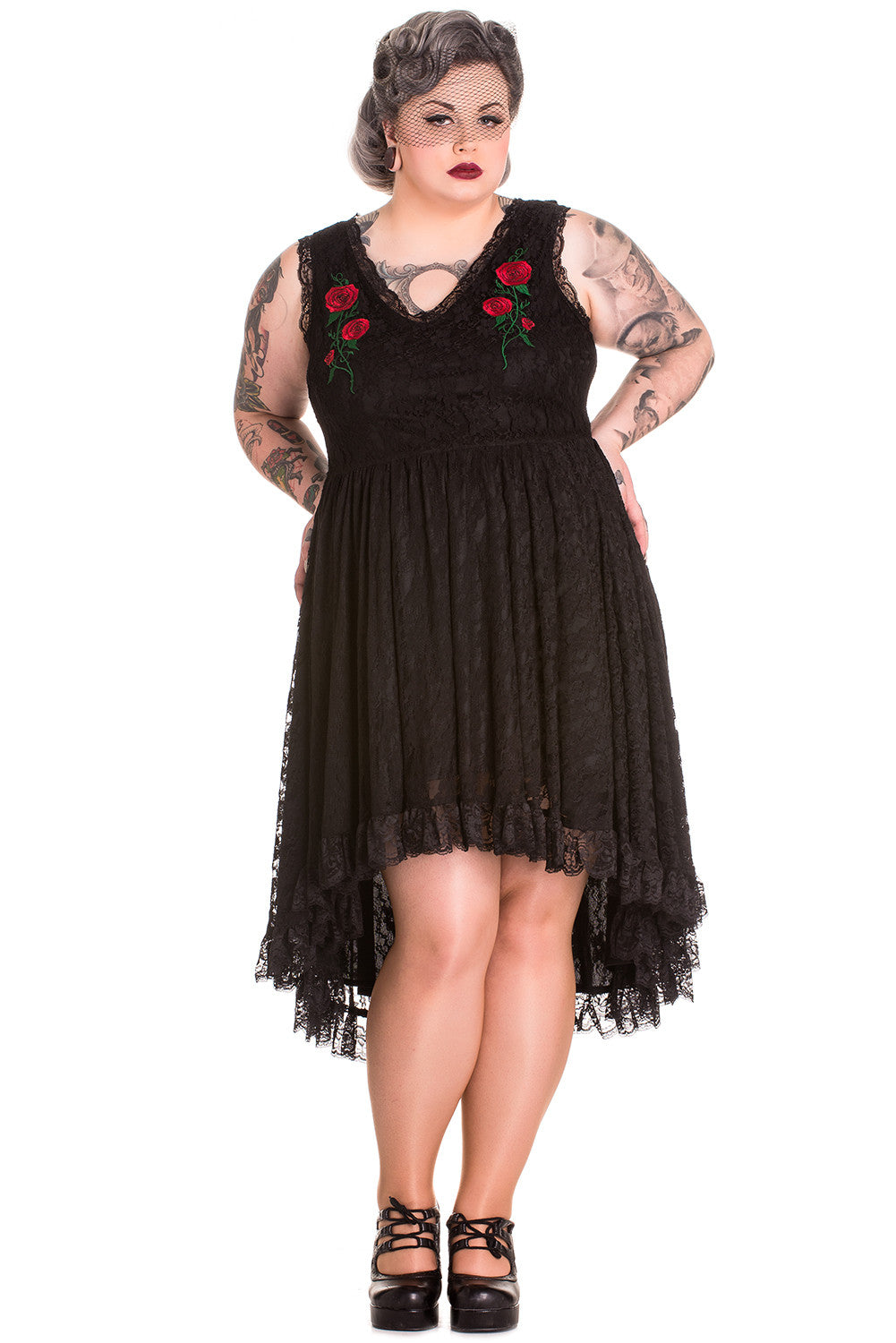 Hell Bunny Floral Lace Black Cocktail Party Dress Hi-Lo Dress, XS Hell Bunny Floral Lace Black Cocktail Party Dress Hi-Lo Dress, XS