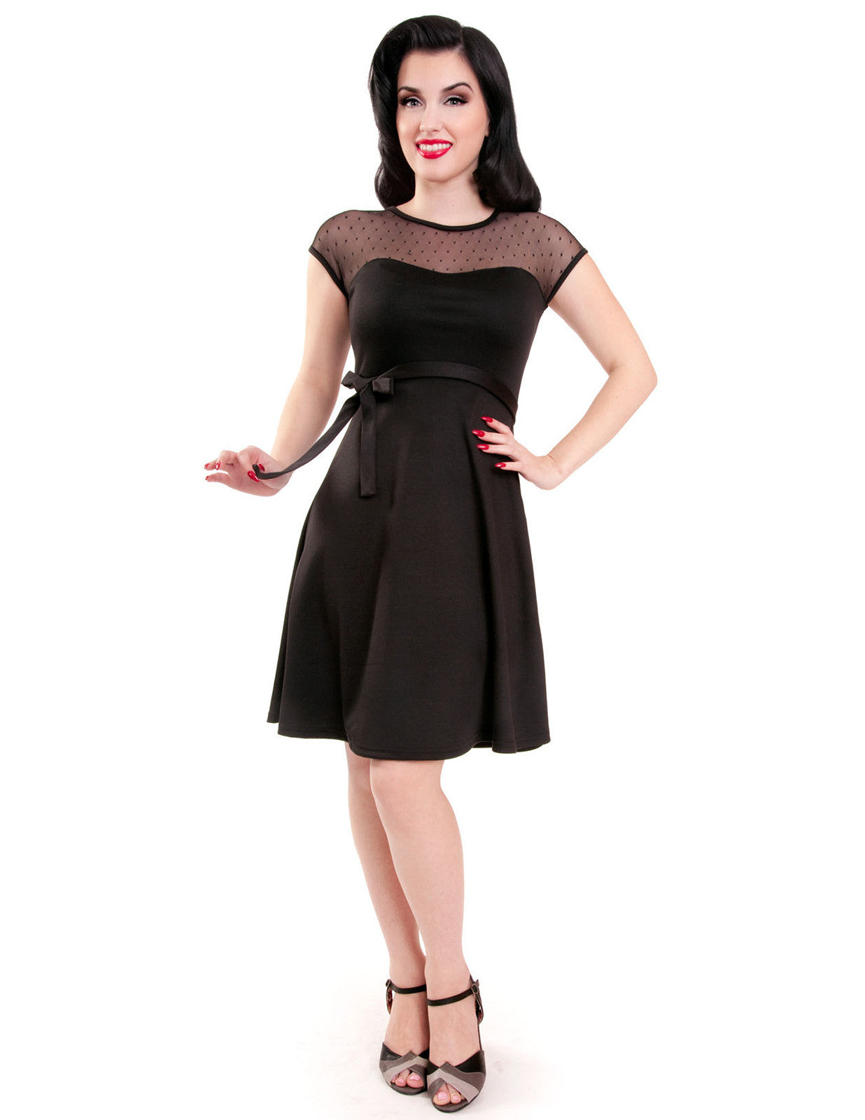 Rock Steady Retro Pinup Black Sheer Lace Polka Dot Fit & Flare Dress Rock Steady Retro Pinup Black Sheer Lace Polka Dot Fit & Flare Dress