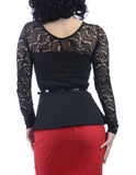 Tops Rock Steady Black Rose Sheer Lace Long Sleeve Peplum Top with belt