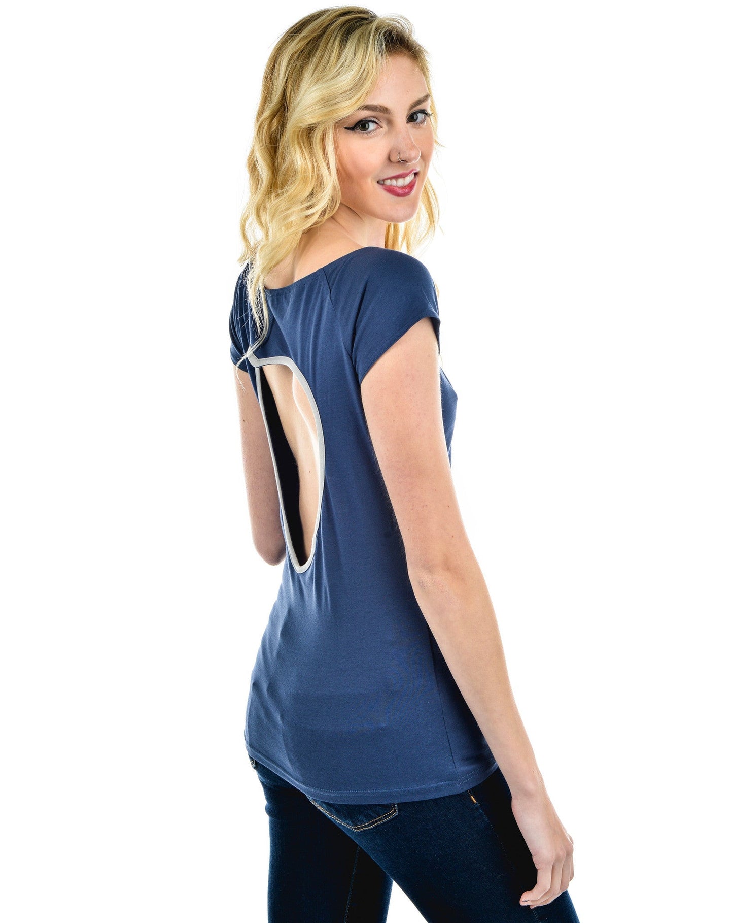 Tops S Rockabilly Pinup Anchor and Rose Blue Cup Out Heart Boat Neck Top