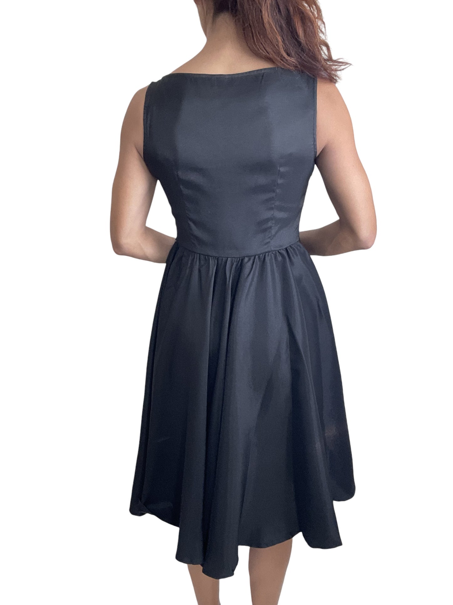 Retro Vintage Inspired Audrey Hepburn Style Black Satin Flare Swing Party Dress - Skelapparel