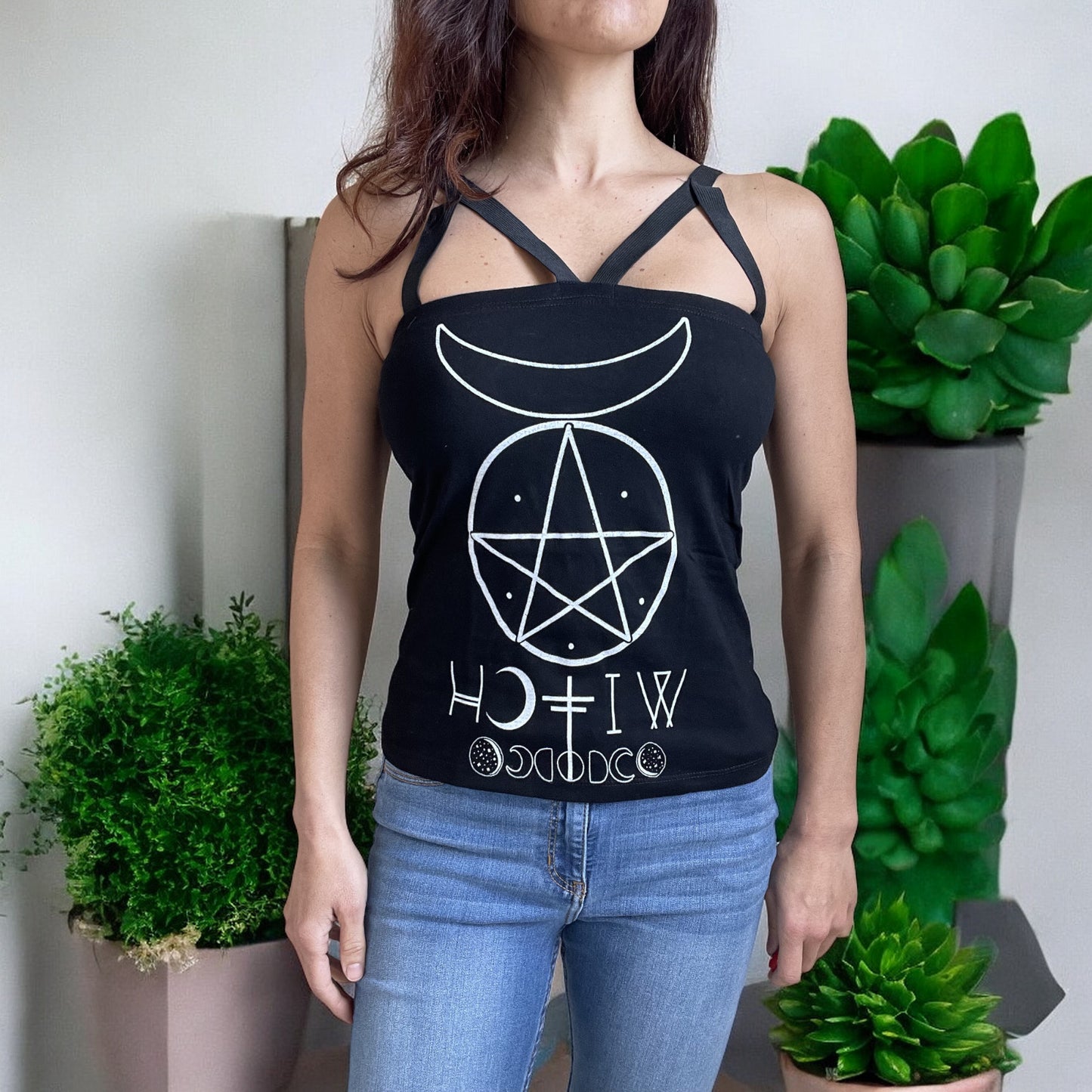 Pentagram and Moons Witch Moon Phases Black Strappy Tank Top - Skelapparel