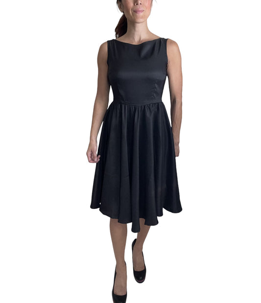 Retro Vintage Inspired Audrey Hepburn Style Black Satin Flare Swing Party Dress