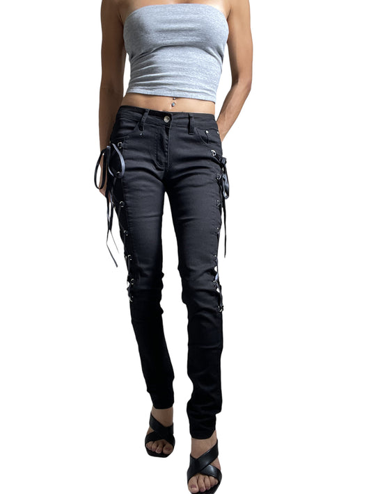 Lost Queen Women's Black Side Lace-up Skinny Jeans Pants - Lace up Skinny Jeans - Skelapparel