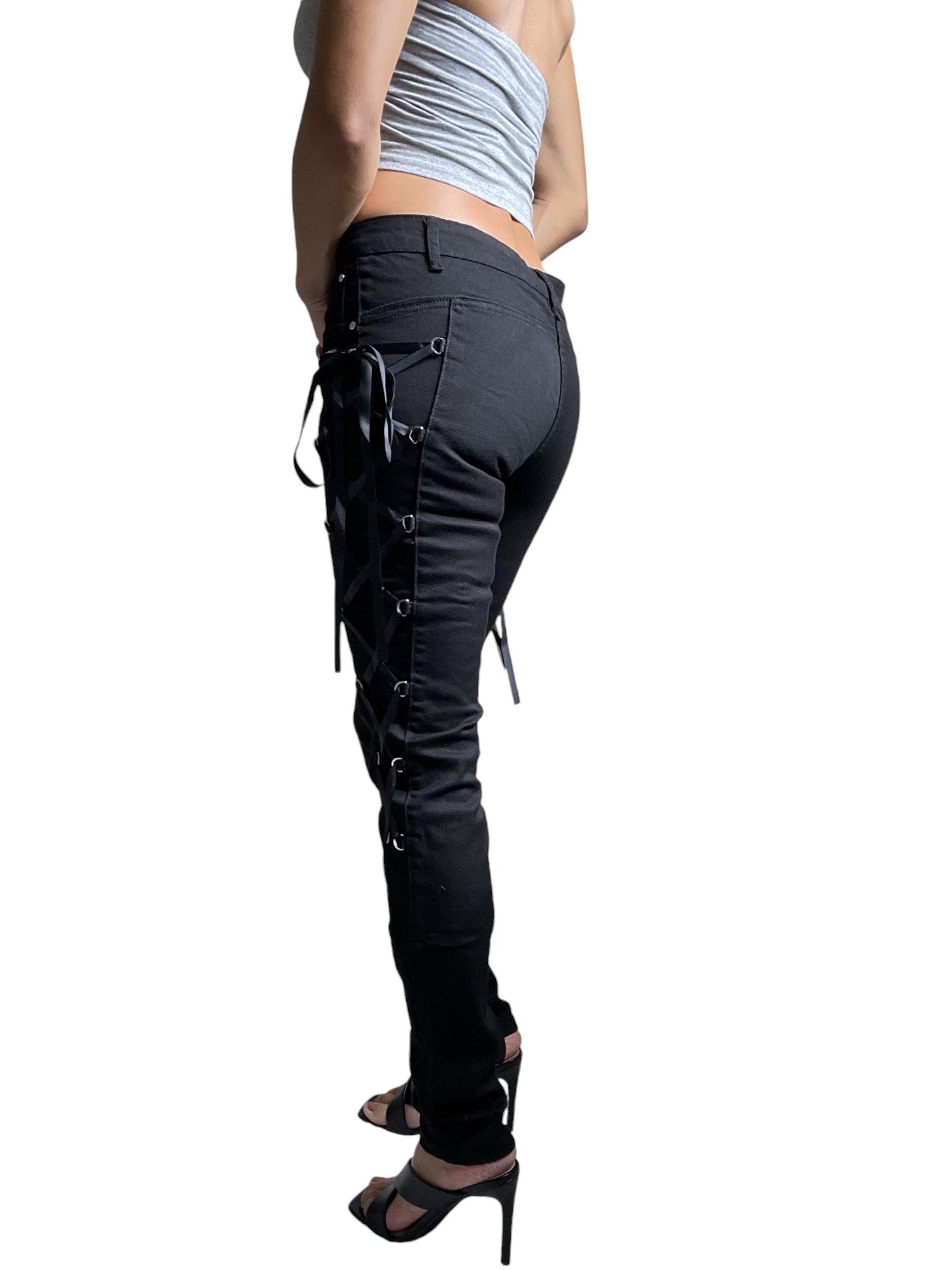Lost Queen Women's Black Side Lace-up Skinny Jeans Pants - Lace up Skinny Jeans - Skelapparel