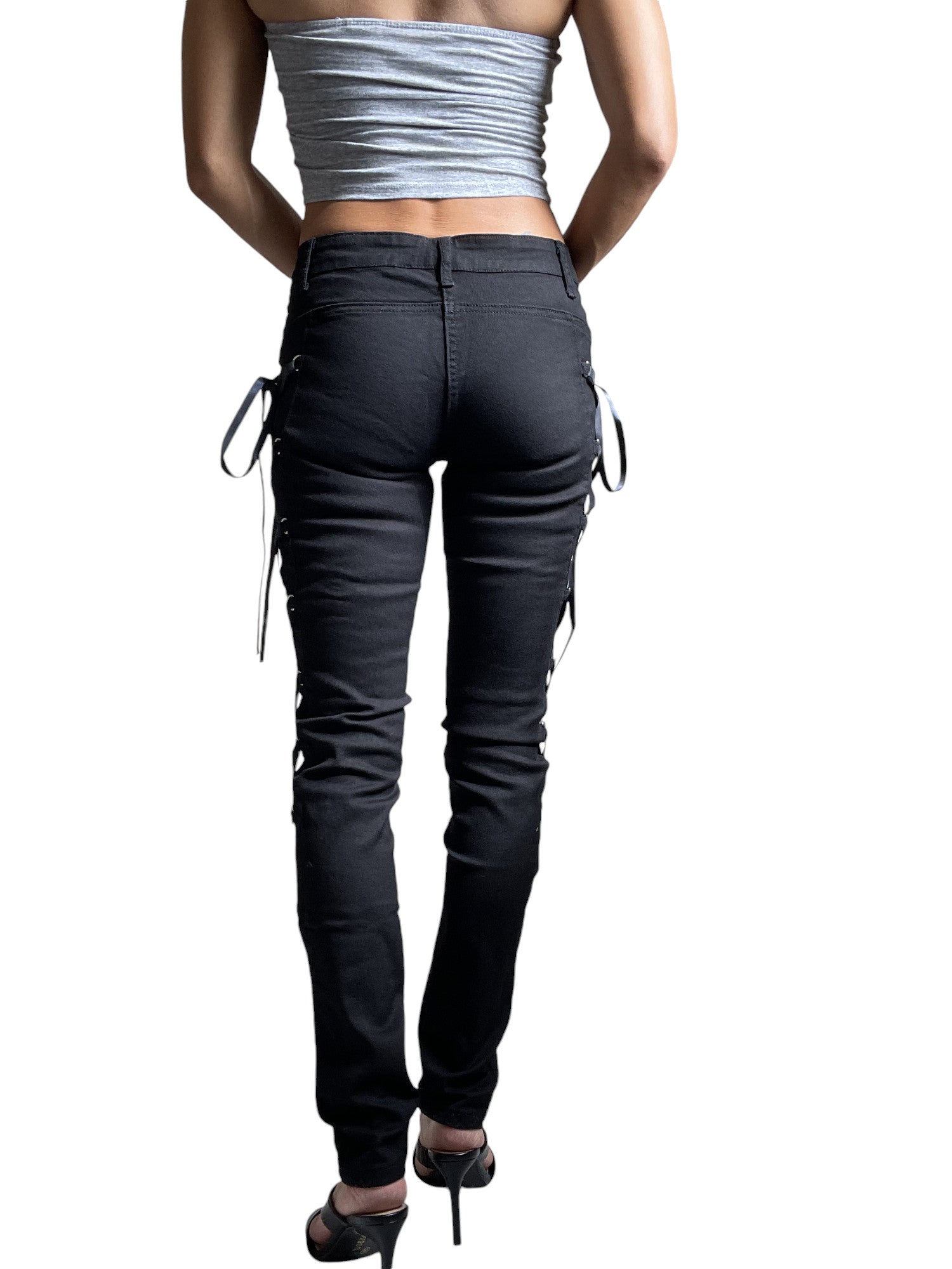 Lost Queen Women's Black Side Lace-up Skinny Jeans Pants - Lace up Skinny Jeans - Skelapparel