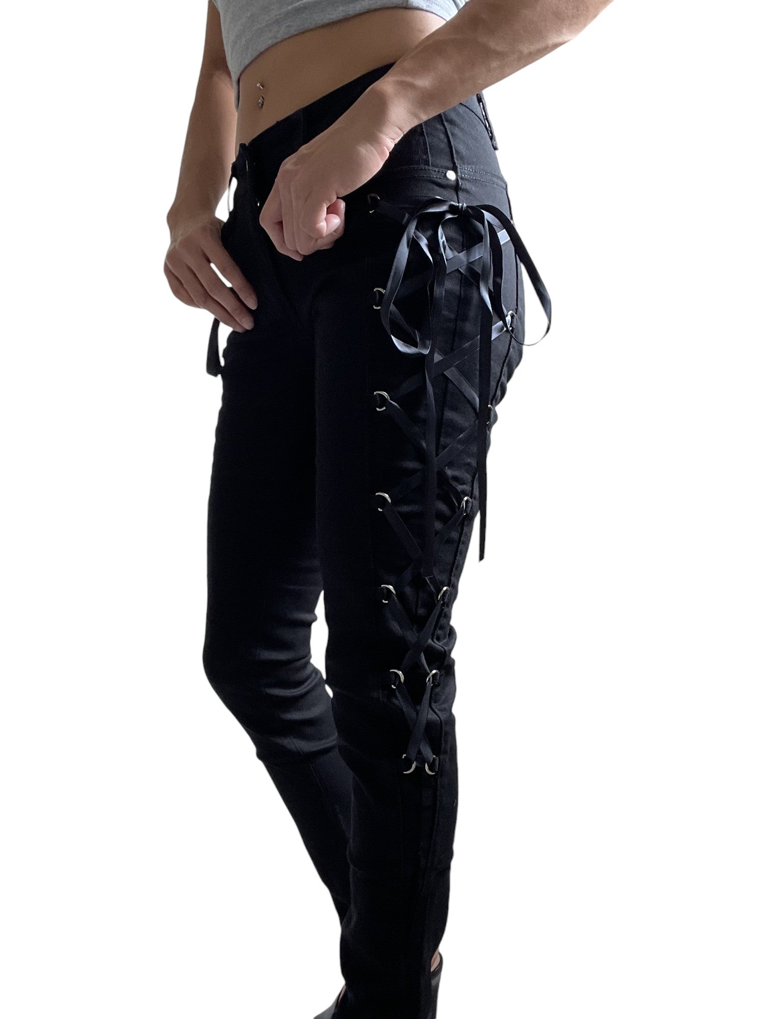 Lost Queen Women's Black Side Lace-up Skinny Jeans Pants - Lace up Skinny Jeans - Skelapparel