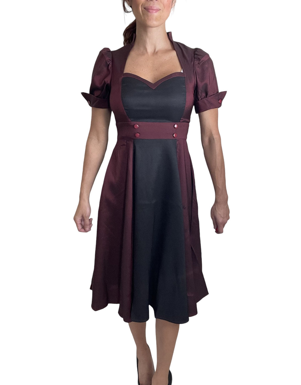 Vintage inspired Queen of Hearts Two Tone Burgundy and Black Satin Dress - Skelapparel