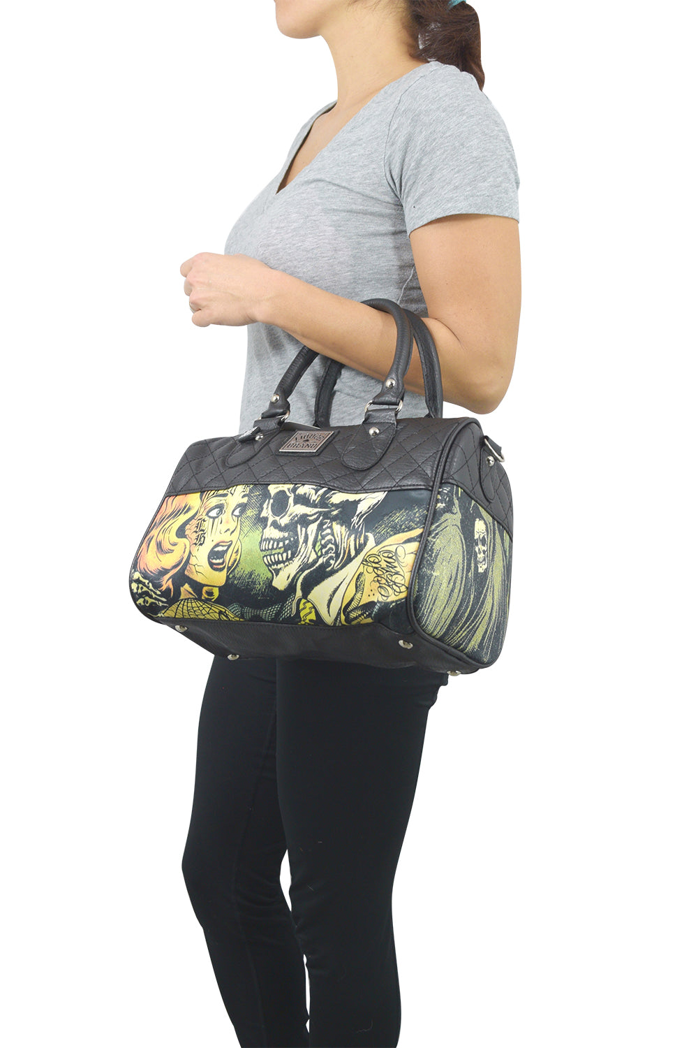 Horror B Movie Cartoon Small Satchel Purse Crossbody Bag, Faux Leather, Vintage-Inspired Print