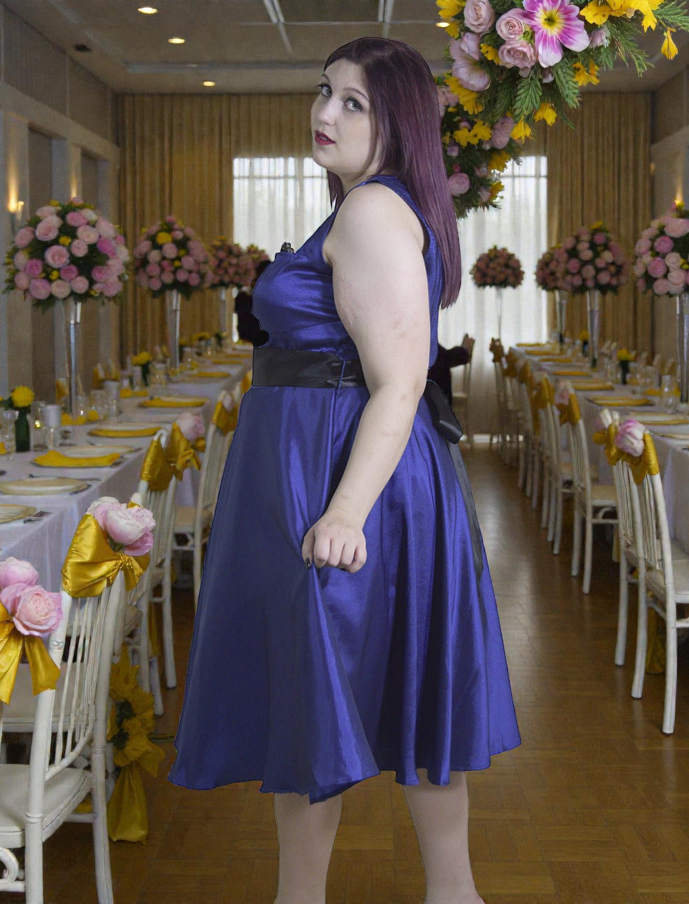 Women's Blue Dress - Blue Satin Tea Length Dress with Black Ribbon Sash, Bridesmaid, Prom, Cocktail Party