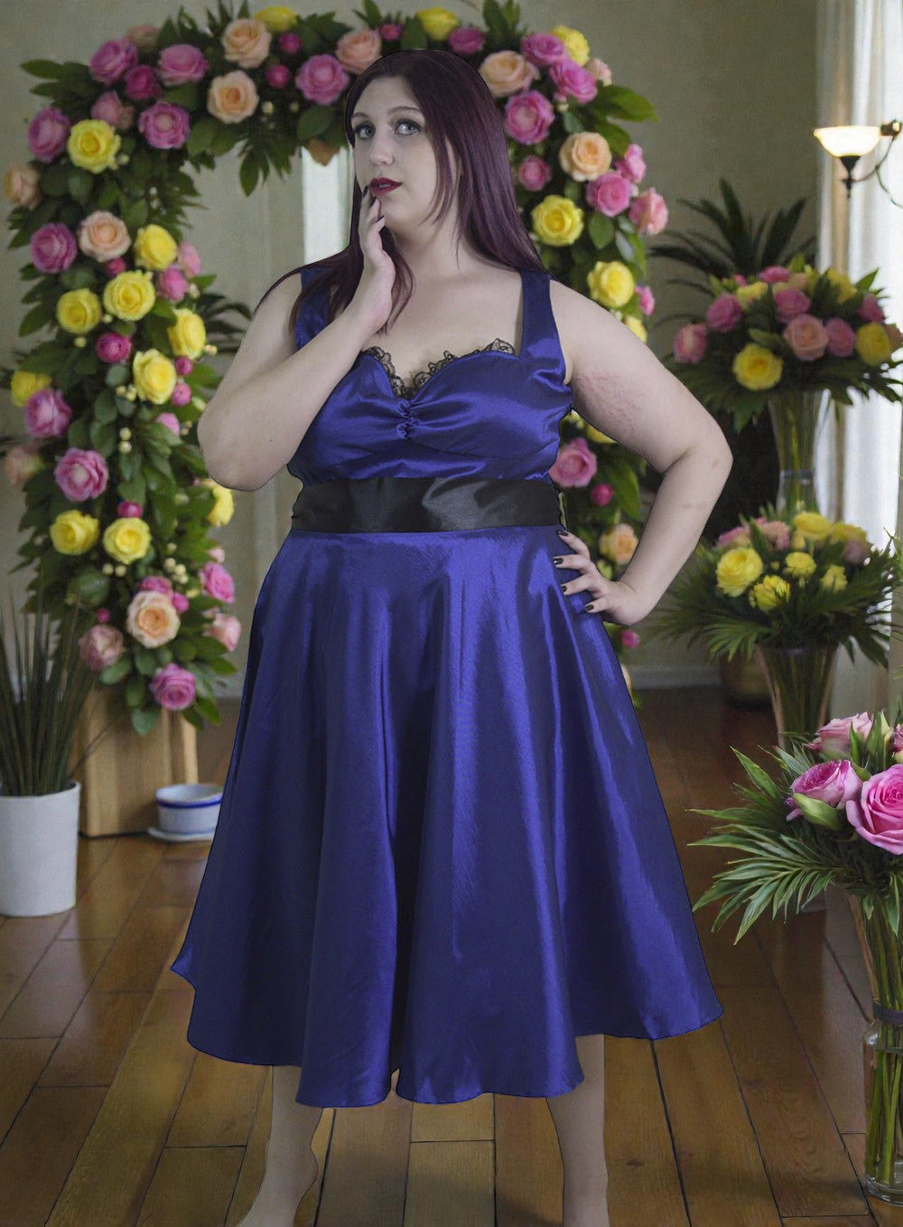 Women's Blue Dress - Blue Satin Tea Length Dress with Black Ribbon Sash, Bridesmaid, Prom, Cocktail Party - Skelapparel