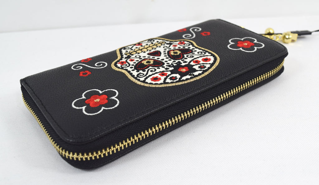 Day of the Dead Flower Sugar Skull Embroidered Zip Around Wallet - Skelapparel